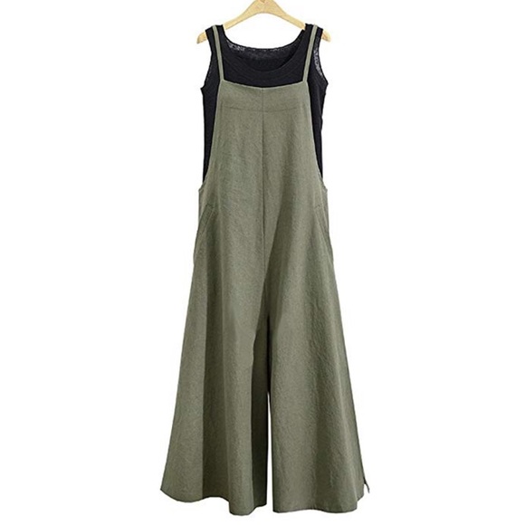 Olive Harem Overalls WideLeg Cotton Linen Jumpsuit - Picture 2 of 5